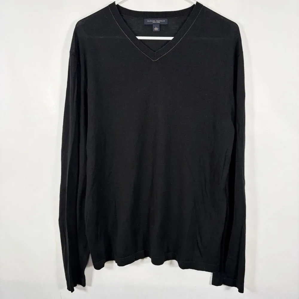 Banana Republic Silk Linen V Neck Sweater Mens Size Large Black Lightweight